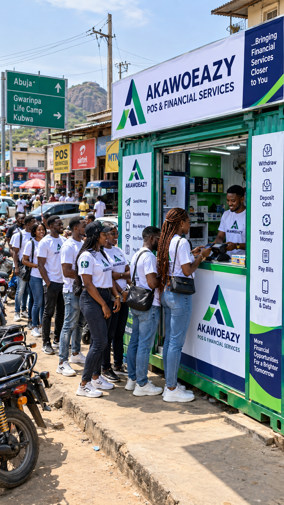 A Akawoeazy agent serving customers at a Akawoeazy POS kiosk in the market